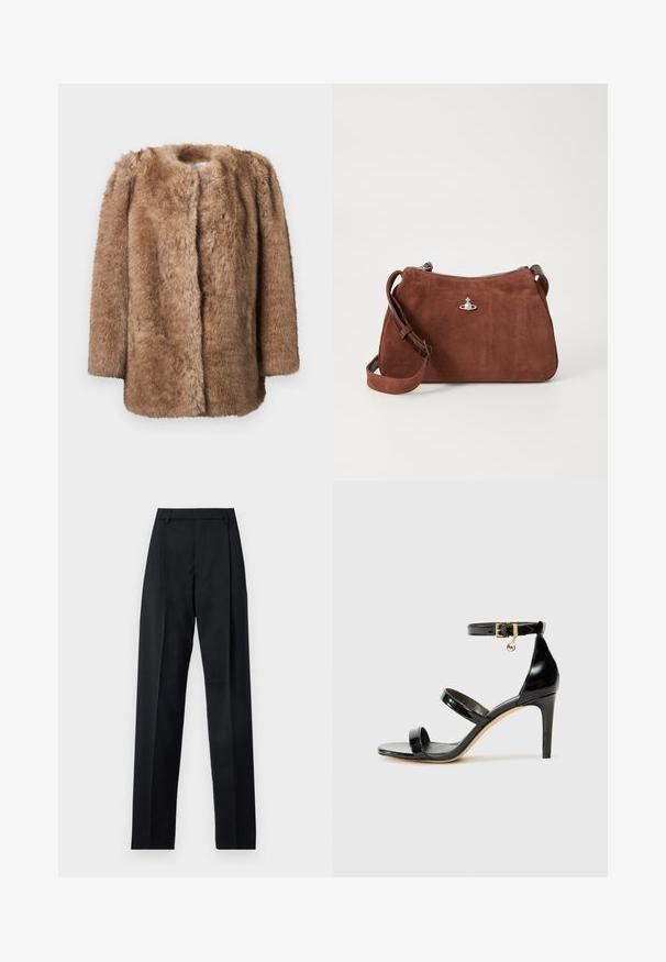 Brązowy płaszcz z sztucznego futra o miękkiej teksturze, z otwartym przodem i rękawami do trzech czwartych. Posiada prosty krój i minimalistyczny design.; Beżowy sweter z prążkowanej dzianiny z głębokim dekoltem w serek, długimi rękawami i teksturowanym panelem na klatce piersiowej. Krótka długość i luźny krój.; Czarne spodnie wykonane z gładkiego materiału, z wysokim stanem, szerokimi nogawkami, fałdami z przodu i klasycznymi szlufkami na pasek. Brak widocznych kieszeni bocznych.; Czarne lakierowane sandały na paski z trzema paskami, zapięciem na kostce i 10-centymetrowym obcasem w szpilce. Zawierają złote detale oraz zawieszkę z logo.; Brązowa torebka z zamszu z zamknięciem na zamek, regulowanym paskiem na ramię i srebrnymi akcentami, o subtelnej teksturze.