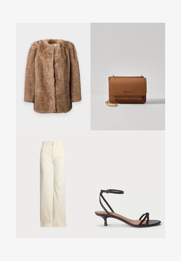 Bruin nepbontjas met een zachte textuur, open voorkant en driekwartmouwen. Het heeft een rechte snit en een minimalistisch ontwerp.; Witte mouwloze sweater van glad katoen, met een geribde onderrand en een klein marineblauwe logo op de linkeronderzijde. Eenvoudig ontwerp, geen patronen.; Polo Ralph Lauren COTTON CORDUROY WIDE-LEG PANT - Broek - warm white; Polo Ralph Lauren LEATHER KITTEN-HEEL SANDAL - Klassieke pumps - black; Bruine lederen schoudertas met textuur, voorzien van een gouden kettingstrap en klepsluiting. De voorkant heeft een logo-detail en een zak onder de klep.