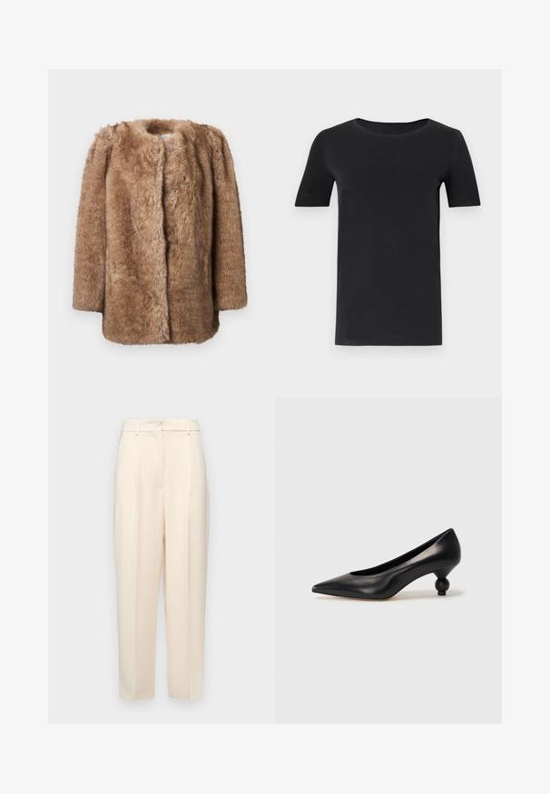 Brązowy płaszcz z sztucznego futra o miękkiej teksturze, z otwartym przodem i rękawami do trzech czwartych. Posiada prosty krój i minimalistyczny design.; Czarny t-shirt z krótkim rękawem, wykonany z miękkiej bawełny, z okrągłym dekoltem i klasycznym krojem. Gładka faktura, bez wzorów lub ozdób.; Beżowe spodnie o kroju prostym, z fałdami z przodu, gładką teksturą i średnim stanem. Brak widocznych kieszeni.; Czarna skórzana szpilka z ostrym czubkiem i okrągłym, kulistym obcasem. Gładka tekstura z eleganckim, minimalistycznym wzornictwem.