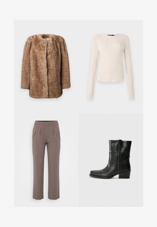 Palton din blană sintetică maro cu o textură moale, cu deschidere în față și mâneci trei sferturi. Are o croială dreaptă și un design minimalist.; Top cu mânecă lungă, de culoare bej deschis, cu decolteu rotund. Realizat dintr-un material moale, prezintă o cusătură centrală și un tiv ușor curbat. Fără elemente de prindere vizibile.; Pantaloni bej cu croi lejer, talie elastică și pliuri frontale, confecționați dintr-un material neted.; Botine din piele neagră, cu vârf rotund, toc pătrat, fermoar pe lateral și accente de cusături pe partea superioară. Textură netedă, design clasic.