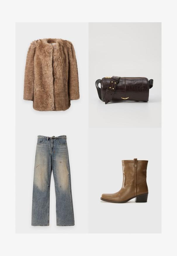 Brun fuskpälsjacka med en mjuk textur, öppen front och trekvartslånga ärmar. Den har en rak skärning och en minimalistisk design.; Långärmad, ljusbeige topp med rund halsringning. Tillverkad i mjukt material, har en central söm och något rundad nederkant. Inga synliga detaljer.; Ljust blå denimjeans med en löst sittande, raka design. Har slitningar, blekningar och förstörda detaljer vid knäna. Klassisk femfickstil.; Brun läderankelsk boot med fyrkantig tå, texturerad yta och låg staplad klack. Har en bakre dragflik och subtila sömnadsdetaljer.; Brun kroko präglat läderväska med cylindrisk form, guldfärgad hårdvara och ett avtagbart band med nitar.