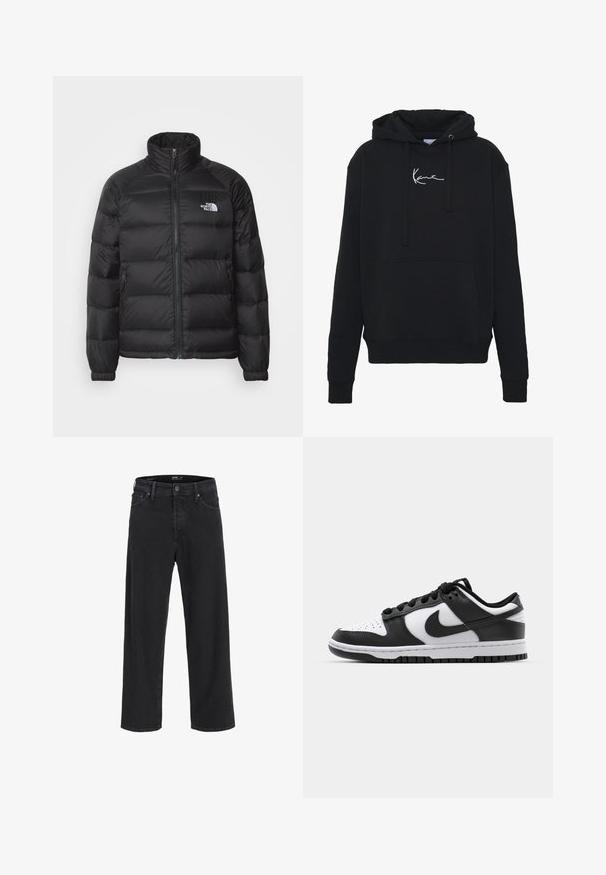 Svart pufferjakke med høy krage, glidelås, quiltet fôr og sidelommer. Har en liten hvit logo på brystet.; Svart hettegenser laget av myk stoff, med en frontlomme, snor i hetten og hvit logo brodert på brystet. Klassisk passform og ribbestrikkede mansjetter.; Svarte straight-leg denim jeans med knapp- og glidelåslukking, beltestropper og front- og baklommer.; Svarte og hvite Nike Dunk sneakers med lær overdel, perforert tå, svarte snøringer og svart gummisåle med mønster.