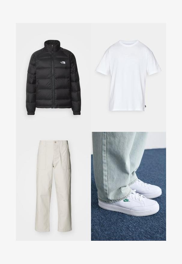 Casaco puff preto com gola alta, fecho de zípper, enchimento almofadado e bolsos laterais. Apresenta um pequeno logótipo branco no peito.; T-shirt de algodão branco com mangas curtas e decote redondo. Apresenta um pequeno e discreto logótipo da Nike no peito e uma etiqueta lateral.; Calças largas em bege claro, feitas de algodão. Apresentam bolsos frontais e fecho com botão. Textura suave com linhas verticais subtis.; Tênis de couro brancos com logo verde da Nike, bico redondo, sola plana, combinados com calças de denim azul claro, exibidos sobre um tapete azul.