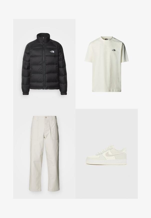 Černá péřová bunda s vysokým límcem, zipovým zapínáním, prošívanou výplní a bočními kapsami. Obsahuje malé bílé logo na hrudi.; Bavlněné tričko v krémové barvě s krátkým rukávem, kulatým výstřihem a malým černým potiskem loga na levém hrudníku. Hladká textura.; Světle béžové kalhoty s širokými nohavicemi vyrobené z bavlny. Obsahují přední kapsy a zapínání na knoflík. Hladký povrch s jemnými vertikálními pruhy.; Bílé tenisky Nike Air Force 1 s hladkým koženým svrškem, světle šedými akcenty, perforacemi na špičce a texturovanou gumovou podrážkou.
