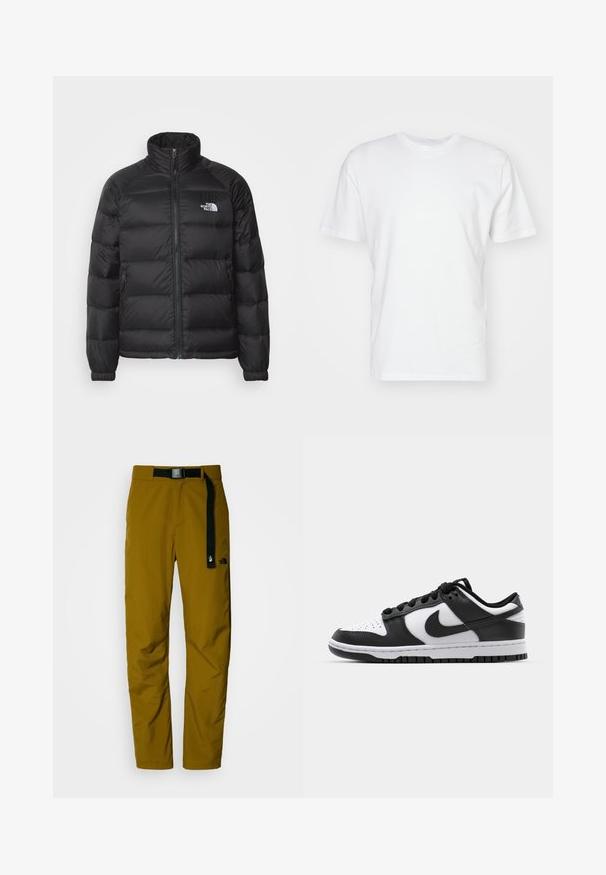 Crna puffer jakna s visokim ovratnikom, zatvaranjem na rajsferšlus, podstavom u obliku kvadrata i bočnim džepovima. Ima mali bijeli logo na prsima.; Bijela pamučna majica s kratkim rukavima, okruglim izrezom i glatkom teksturom. Jednostavan dizajn bez uzoraka ili grafika.; Vodootporne, lagane hlače za vanjske aktivnosti u tamno senfa boji s crnim podesivim remenom, s logotipom na lijevom bedro.; Crno-bijeli Nike Dunk tenisice s kožnom gornjom površinom, perforiranim prstom, crnim vezicama i crnom gumenom potplatom s dizajnom rebrastog uzorka.