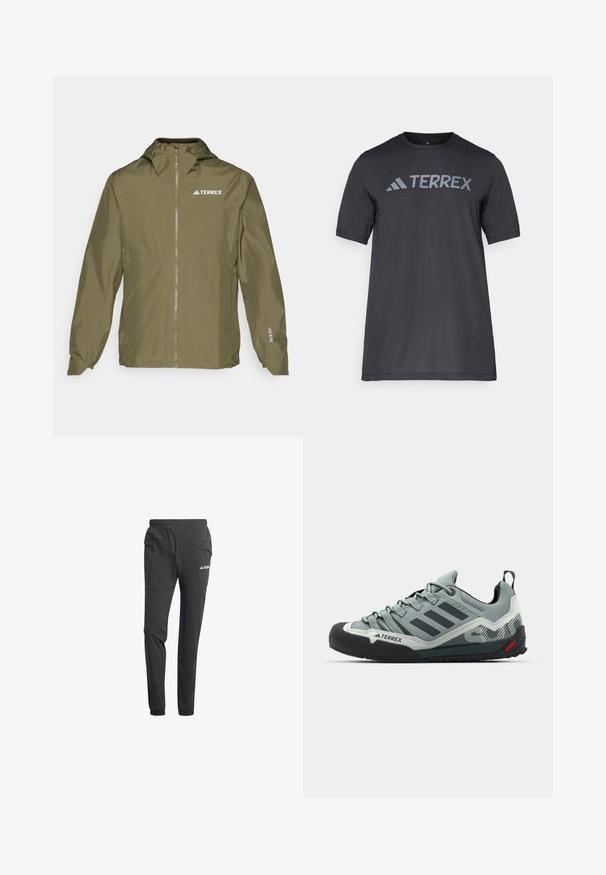 adidas Terrex MULTI 2.5L - Regenjacke / wasserabweisende Jacke - olive strata; Schwarzes T-Shirt mit kurzen Ärmeln aus leichtem Stoff, mit einem hellgrauen "TERREX"-Logo auf der Brust und einem Rundhalsausschnitt.; Schwarze Sporthose aus leichtem Stoff, mit elastischem Bund, Seitentaschen, schmal zulaufenden Beinen und Logodetails.; Graue Kletterschuhe mit einer strukturierten Oberseite, schwarzer Gummi-Zehenkappe, drei dunklen Streifen und einem kleinen roten Akzent an der Sohle.