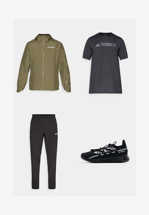 adidas Terrex MULTI 2.5L - Vodoodporna jakna - olive strata; Črna majica s kratkimi rokavi iz lahkega materiala, ki ima odtisnjen svetlo sivi logotip "TERREX" čez prsi in okrogel izrez.; Črne atletske hlače z elastičnim pasom, dvema stranskima žepoma z zadrgo in logotipom na zgornji desni nogi. Gladek, lahek material.; Črne športne čevlje z mrežno zgornjico, odsevnimi dodatki, elastičnimi vezalkami in teksturiranim gumijastim podplatom. Imajo eleganten dizajn za boljšo zmogljivost.
