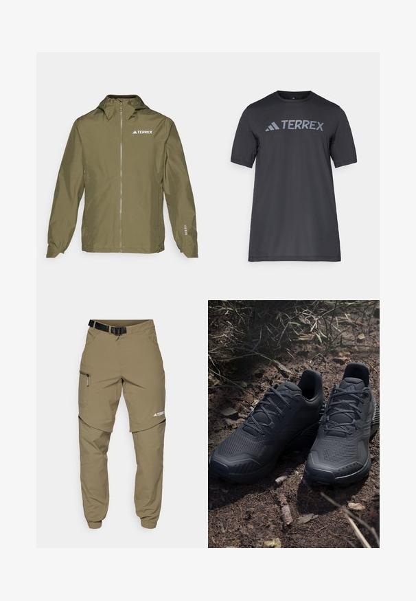 adidas Terrex MULTI 2.5L - Vodotesná bunda - olive strata; Čierne tričko s krátkym rukávom vyrobené z ľahkého materiálu, s svetlo šedým logom "TERREX" na hrudi a klasickým výstrihom.; Khaki vonkajšie nohavice s nastaviteľným čiernym opaskom, zipsovými vreckami, zúženými manžetami a odnímateľnými dolnými nohavicami pre variabilný štýl.; Čierne športové topánky s textúrovaným pleteným zvrškom, vystuženou špičkou a polstrovanou podrážkou, vystavené na zemitej pôde so roztrúsenými konárikmi.