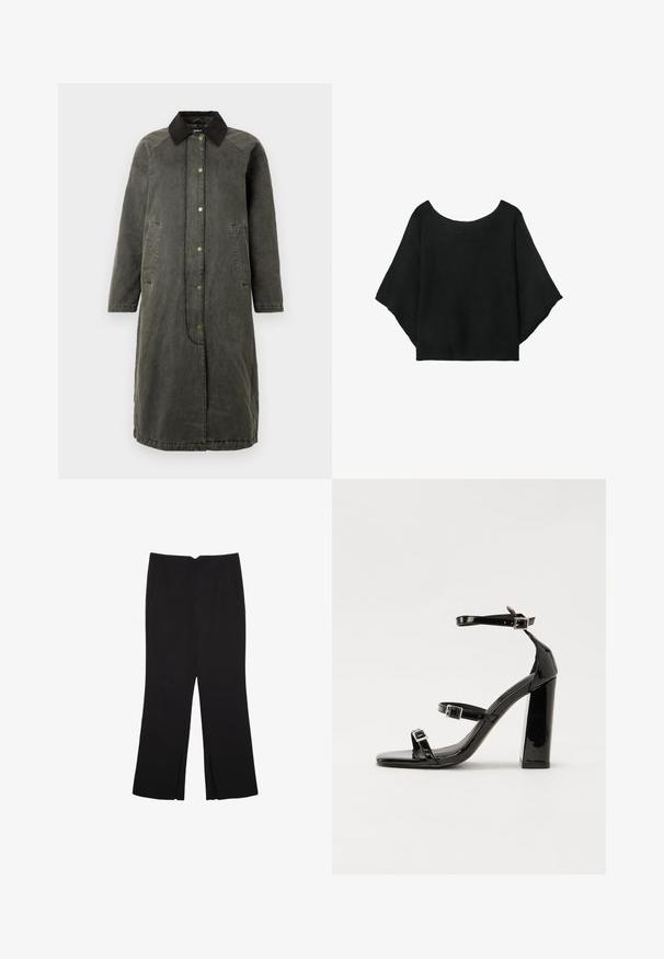 Lange olijfgroene denimjas met een zwarte corduroy kraag, drukknoopsluiting aan de voorkant, twee zijzakken en een licht oversized silhouet.; Zwart gebreid top met wijde mouwen, een ronde hals en een relaxte pasvorm. De stof heeft een geribbelde textuur, zonder sluitingen of patronen.; Zwarte broek met een rechte pasvorm, voorzien van zijzakken en plooien aan de onderzijde. Gemaakt van zachte, gladde stof. Geschikt voor verschillende gelegenheden.; Zwarte patent lederen sandalen met hoge hakken, twee gespenbanden, een vierkante neus en een stevige blokhak, met een gladde, glanzende textuur.