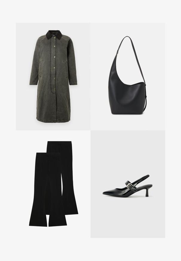 Long manteau en denim vert olive avec un col en velours côtelé noir, fermeture à pression à l'avant, deux poches latérales et une silhouette légèrement surdimensionnée.; T-shirt en coton noir à manches courtes, avec un petit graphique de papillon rose sur la poitrine gauche. Modèle à col rond avec une coupe décontractée.; Pantalons noirs évasés en tissu extensible, dotés d'une taille haute et d'une texture lisse, avec une coupe ajustée qui s'évasent à partir du genou.; Escarpins slingback en cuir verni noir avec un bout pointu et un petit talon bloc, mettant en avant un accent en boucle argentée sur la sangle.; Sac hobo en cuir noir avec une texture lisse, une forme incurvée et une seule sangle réglable ; dispose d'une large ouverture en haut.