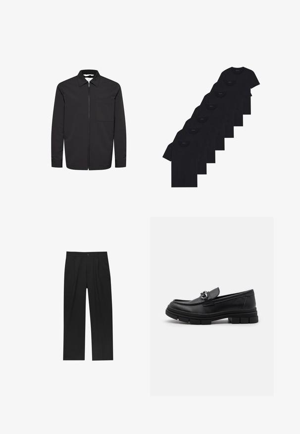 Matinique - Kurtka przejściowa; Zestaw ośmiu czarnych koszulek bawełnianych z krótkimi rękawami i okrągłym dekoltem, o prostym wzorze i miękkiej fakturze.; Czarne spodnie o prostym kroju, wykonane z gładkiego materiału. Posiadają zakładki z przodu i pojedyncze zapięcie na guziki w pasie.; Czarne skórzane półbuty z okrągłym noskiem, dekoracyjnym paskiem i elementami metalowymi oraz grubą, fakturowaną podeszwą. Gładkie wykończenie z subtelnymi detalami.