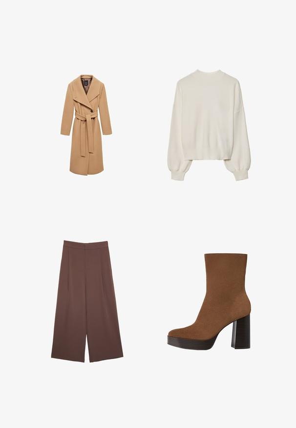Svetlohnedý kabát so zmesou vlny, so opaskom, širokými klopami a jedným gombíkom, ktorý má hladkú textúru a dlhé rukávy.; Biely pletený sveter s vysokým golierom, rebrovanou textúrou a balónovými rukávmi. Skrátená dĺžka s priliehavými manžetami. Jednoduchý, jednofarebný dizajn.; Hnedé nohavice so širokými nohavicami a hladkou textúrou, s vysokým pásom a prednými skladmi. Tkanina je ľahká a voľne sa pohybuje.; Hnedé z semišu členkové topánky s okrúhlou špičkou, robustným čiernym pruhovaným podpätkom a hladkým povrchom. Vyhotovenie je prispôsobené bez viditeľných kovových prvkov.