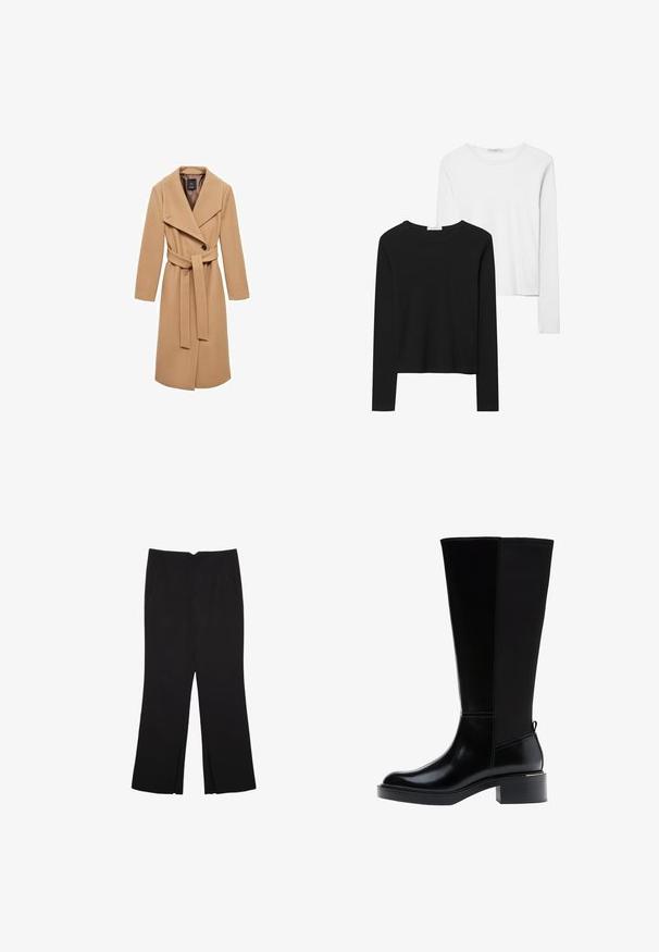Svetlohnedý kabát so zmesou vlny, so opaskom, širokými klopami a jedným gombíkom, ktorý má hladkú textúru a dlhé rukávy.; Čierne a biele tričká s dlhým rukávom, s okrúhlymi výstrihmi, jemnou tkaninou a priliehavým strihom so rovnými spodnými krajmi.; Čierne nohavice so strihom rovného strihu, s prednými vreckami a bočnými rozparkami na leme. Vyrobené z mäkkej, hladkej tkaniny. Vhodné na rôzne príležitosti.; Čierna čižma po kolená s hladkým koženým povrchom, výrazným šitím, masívnym podpätkom a textúrovaným zadným panelom pre väčší záujem.