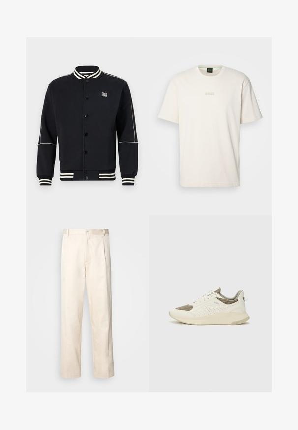 Giacca felpa nera con colletto e polsini a coste a strisce bianche. Presenta una chiusura con bottoni e un logo sul lato sinistro superiore, realizzata in tessuto morbido.; BOSS TEE - T-shirt basic - open white; Pantaloni in cotone beige con taglio dritto, dotati di chiusura a bottone e pence sul davanti per un tocco di dettaglio in più.; Sneaker atletica bianca e beige chiaro, con tomaia in mesh, dettagli perforati e una suola intermedia texturizzata con marchio sul tallone.