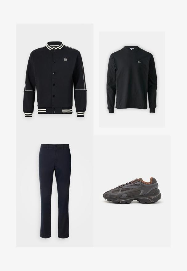 Zwarte sweatshirtjack met witgestreepte ribgebreide kraag en manchetten. Beschikt over een knoopsluiting en een logo aan de linkerbovenkant, gemaakt van zachte stof.; Zwarte longsleeve t-shirt van katoen, met een ronde halslijn en een klein groen geborduurd krokodillenlogo op de linkerborst.; Marineblauwe broek van een gladde stof, met een rechte pijpdesign, riemlussen en een knoopsluiting met een ritssluiting.; Lacoste sneakers in donkergrijs van mesh en synthetisch materiaal, met een gestructureerde zool en bruine accenten op de kraag en branding.
