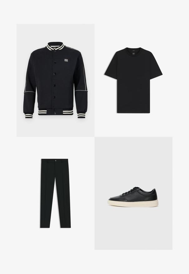 Svart sweatshirt-jacka med vit randig ribbad krage och manschetter. Har knappstängning och logotyp på övre vänstra sidan, tillverkad av mjukt material.; Svart kortärmad T-shirt i en mjuk bomullsblandning, med rundad halsringning och en minimalistisk design utan mönster eller detaljer.; Svarta dressbyxor med rak bendesign, gjorda av ett mjukt tyg. Har stängning med frontknapp och bälteshällor. Enfärgade utan mönster.; Svart låg skor i läder med svarta snören och off-white sula, visas i sidoprofil på vit bakgrund.