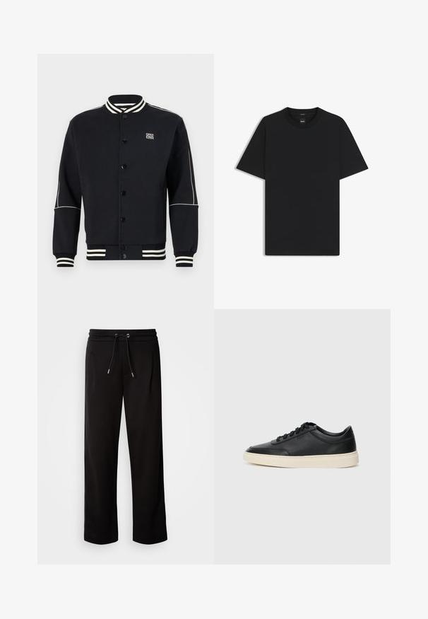 Czarna bluza z kapturem z białymi paskami na ściągaczach kołnierza i rękawów. Posiada zapięcie na guziki oraz logo na górnej lewej stronie, wykonana z miękkiego materiału.; Czarny t-shirt krótki rękaw wykonany z gładkiej mieszanki bawełny, z okrągłym dekoltem i minimalistycznym designem bez wzorów czy akcentów.; Czarne, luźne dresy wykonane z miękkiego materiału, z elastycznym pasem z sznurkiem i bocznymi kieszeniami.; Czarne niskie skórzane sneakersy z czarnymi sznurówkami i off-white podeszwą, prezentowane w profilu bocznym na białym tle.