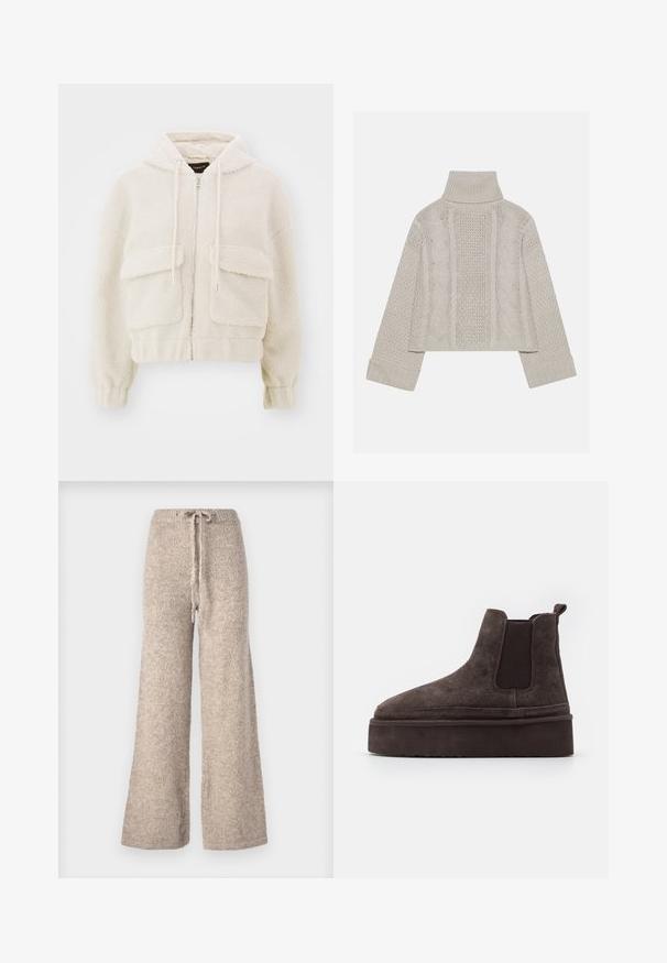 Forkortet hættetrøje i creme, lavet af struktureret fleece. Har frontlynlås, to store lapposer og snore i hætten.; Afskåret, lysegrå striktrøje med højt krave og ribbede manchetter, prydet med teksturerede kabelmønstre ned ad ryggen og siderne.; Beige brede bukser lavet af tekstureret strikstof, med en snoretræk i taljen og en afslappet pasform.; Brune ruskinds Chelsea støvler med elastiske sidepaneler og en tyk, struktureret platåsål. Har en strop bagpå til nem påtagning.