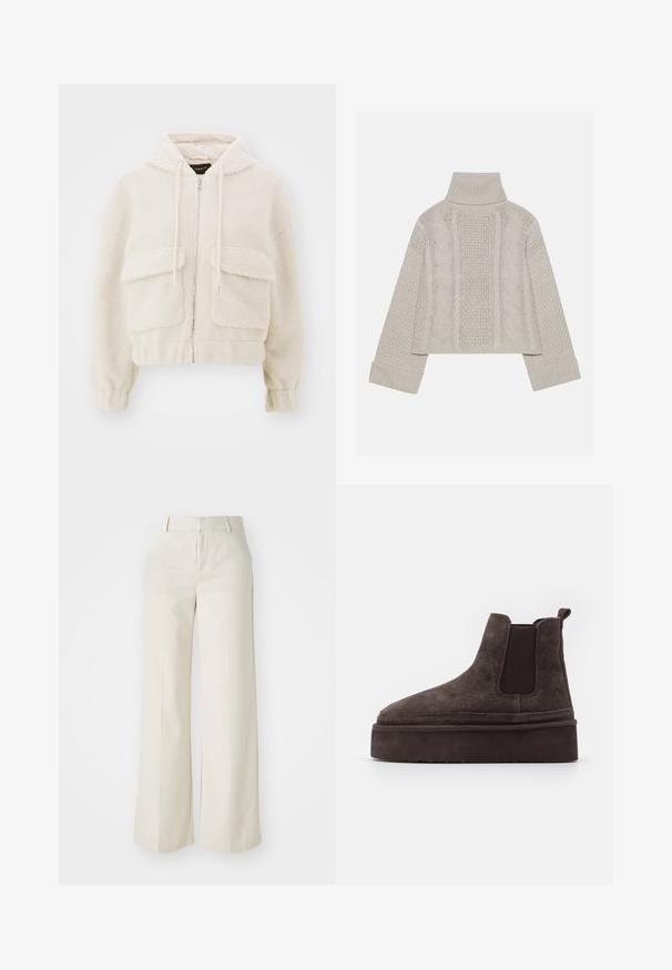 Schneider Kapuzenpullover in Creme, aus strukturiertem Fleece gefertigt. Verfügt über einen frontalen Reißverschluss, zwei große aufgesetzte Taschen und Kordeln an der Kapuze.; Gekürzter, hellgrauer Strickpullover mit hohem Kragen und gerippten Bündchen, ausgestattet mit strukturierten Zopfmustern entlang des Rückens und der Seiten.; Weite Hosen in einem hellbeigen Farbton, aus einem glatten Stoff gefertigt. Mit einem klassischen Bund und flachem Vorderteil, das klare Linien zeigt.; Braune Wildleder Chelsea-Stiefel mit elastischen Seitenpaneelen und einer dicken, strukturierten Plattformsohle. Mit einem Ziehband an der Ferse für ein einfaches An- und Ausziehen.