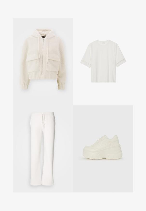 Kreklu ar kapuci krēmkrāsā, izgatavots no teksturētas fleeces. Tam ir priekšējais rāvējslēdzis, divas lielas kabatas un auklas kapuces aizmugurē.; Balta īsām piedurknēm T-kreklu, izgatavotu no kokvilnas, ar dekoratīvu mežģīņu apdari ap piedurknēm un apaļu kakla izgriezumu.; Baltas, brīvi pieguļoši sporta bikses, izgatavotas no mīkstas auduma, ar elastīgu jostu un aukliņu, kā arī taisna kāju dizainu.; Baltie platformas sporta apavi, kas izgatavoti no gludas mākslīgās ādas, ar noapaļotu formu, mīkstu apkakli un teksturētu gumijas zoli ar izteiktiem rakstiem.