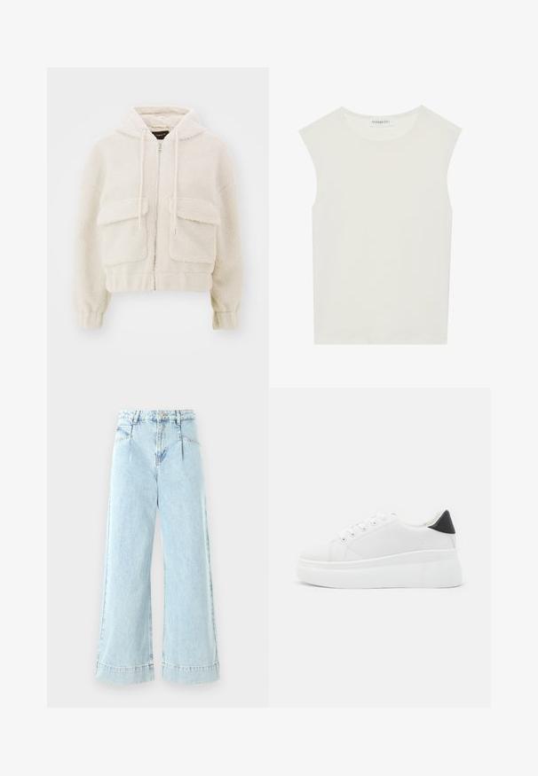 Krótkie bluza z kapturem w kolorze kremowym, wykonana z teksturowanego polaru. Posiada zamek błyskawiczny z przodu, dwie duże kieszenie naszywane i sznurki przy kapturze.; Biała bezrękawnik z okrągłym dekoltem. Wykonana z gładkiego materiału, ma luźny krój i minimalistyczny design. Bez wzorów ani akcentów.; Jasnoniebieskie szerokie dżinsy wykonane z denimu, z wysokim stanem, przednimi kieszeniami i przeszyciami przy dolnej krawędzi.; Białe sneakersy na platformie wykonane z gładkiego materiału syntetycznego, z zaokrąglonym noskiem, sznurowanym zapięciem i teksturowaną gumową podeszwą. Czarne akcenty na pięcie.