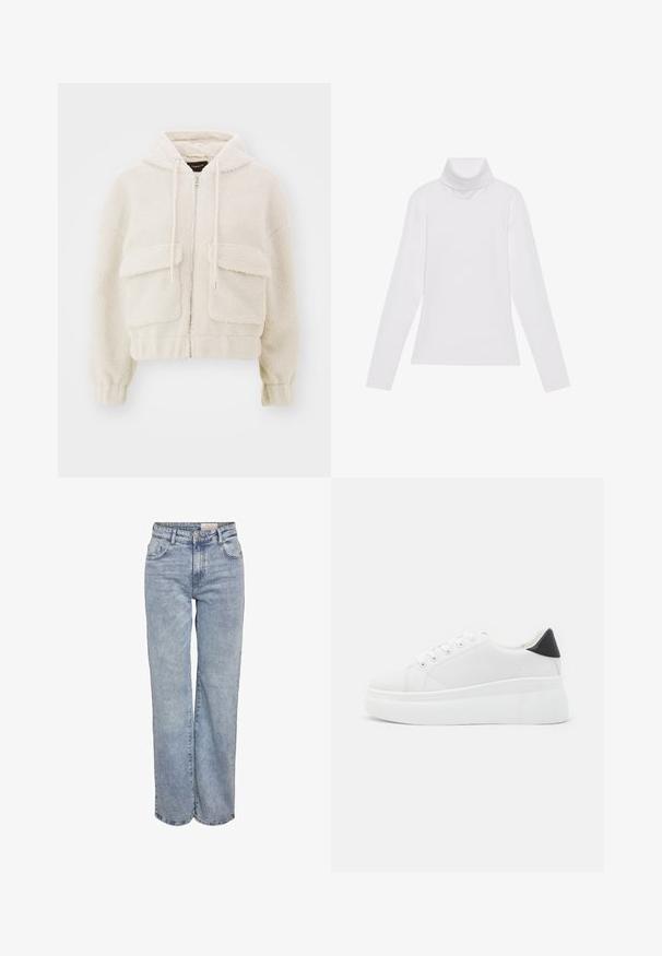 Krátká mikina s kapucí v krémové barvě, vyrobená z texturovaného fleecu. Disponuje předním zipem, dvěma velkými náprsními kapsami a stahovacími šňůrkami na kapuci.; Bílý dlouhý rukáv rolák vyrobený z hladkého, elastického materiálu. Má vysoký límec a přiléhavý střih, bez viditelných vzorů nebo ozdob.; Světle modré široké džíny vyrobené z denimové tkaniny, s vysokým pasem, designem se šesti kapsami a jemným zesvětlením pro opotřebovaný vzhled.; Bílé platformové tenisky vyrobené z hladkého syntetického materiálu, s kulatou špičkou, šněrováním a texturovanou gumovou podrážkou. Černý akcent na patě.