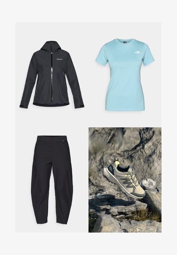 Melna ūdensnecaurlaidīga jaka ar rāvējslēdzi priekšā, pievienotu kapuci un regulējamiem manžetēm. Iespējo logo augšējā kreisajā pusē un divas sānu kabatas.; Gaiši zils kokvilnas T-krekls ar īsām piedurknēm un apļa kakla izgriezumu; priekšā kreisajā krūtīs ir neliels balts logo.; Melni, brīvi pieguļoši bikses ar pogu aizdari un sānu kabatām, izliktas uz balta fona.; Columbia skriešanas apavi vieglā iedarbē un pelēkā krāsā. Acs augšdaļa ar strukturētu apdari, gumijas zole un atstarojošie elementi. Viegls dizains.