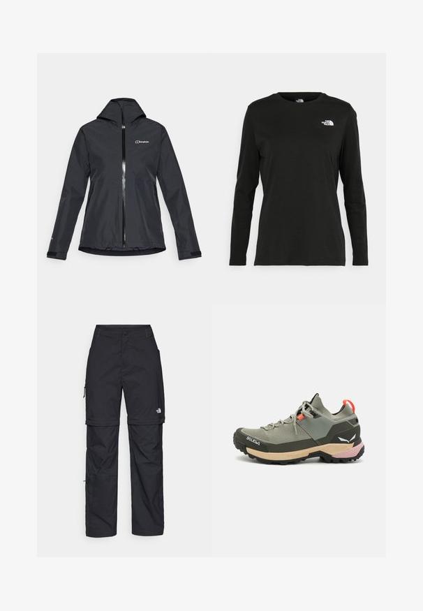 Crna vodootporna jakna sa prednjim patent zatvaračem, pričvršćenim kapuljačom i podesivim manžetama. Ima logo na gornjoj lijevoj strani i dva bočna džepa.; Crni dugih rukava majica od pamuka s okruglim izrezom. Ima mali bijeli logo na lijevoj strani prsnog područja. Jednostavan dizajn i kroj.; Crne najlon hlače s munjevim zatvaranjem, odvojive cargo hlače s podesivim manžetama, brojnim džepovima i logom na desnoj nozi. Glatka, lagana tekstura.; Lagani zeleni planinarski cipela od mrežastih i gumiranih materijala, crni potplat za prianjanje, ružičasti i narančasti detalji, te ojačani kapica za nožne prste.