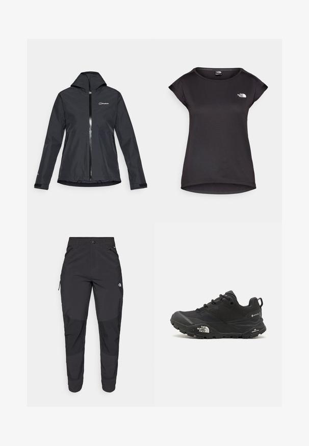 Black waterproof jacket with a zip front, attached hood, and adjustable cuffs. Features a logo on the upper left side and two side pockets.; The North Face TANKEN TANK - Sports T-shirt - black; Black outdoor pants made of durable fabric. Feature zippered pockets, reinforced knee panels, and a straight cut design for mobility.; Black hiking shoe with a textured upper, lace closure, and a chunky rubber sole featuring a prominent logo on the side and tread patterns.