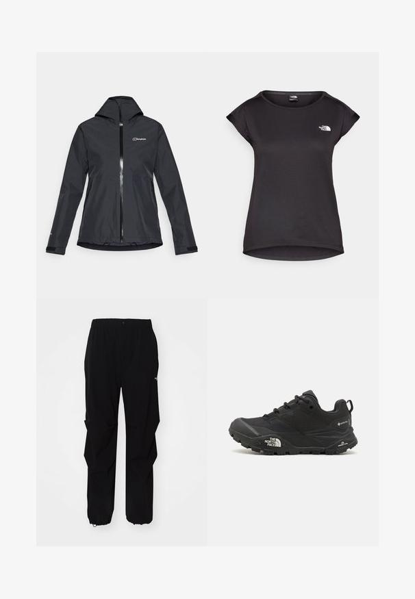 Černá voděodolná bunda se zipem na přední straně, připevněnou kapucí a nastavitelnými manžetami. Obsahuje logo na levé horní straně a dvě boční kapsy.; The North Face TANKEN TANK - Sportovní tričko - black; Černé venkovní kalhoty vyrobené z odolného materiálu, se uvolněným střihem, elastickým pasem a staženými manžetami pro nastavitelné délky.; Černá turistická bota s texturovaným svrškem, šněrováním a masivní gumovou podrážkou, která má výrazné logo po straně a vzory na podrážce.