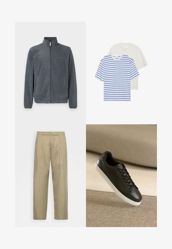 Pelēks vilnas džemperis ar augstu apkakli, pilnu priekšējo rāvējslēdzēju un sānu kabatām. Gluda tekstūra ar ikdienišķu dizainu un minimālu detalizāciju.; Divas īsām piedurknēm T-krekli: viens balts ar ziliem svītrām un viens viendabīgs viegli krēmkrāsas. Mīksts kokvilnas materiāls, apaļais kakla izgriezums, brīva piegriezuma.; Bēša, augstās jostas bikses ar taisnu piegriezumu, ar plakanu priekšpusi, sānu kabatām un gludu, teksturētu audumu.; Melnas ādas sporta kurpes ar baltu gumijas zoli un melnām auklām, novietotas uz bēša auduma virsmas un fona.