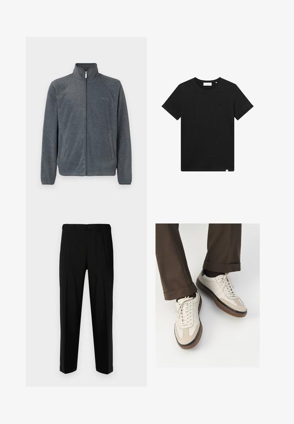 Gray fleece jacket with a high collar, full front zipper, and side pockets. Smooth texture with a casual design and minimal detailing.; Black short-sleeve T-shirt made of cotton, featuring a crew neck and a small logo embroidered on the chest. Smooth texture, standard fit.; Black trousers made of smooth fabric, featuring a straight cut, two front pockets, and a zip fly with button closure.; Beige sneakers with a textured suede front, smooth leather sides, and a brown rubber sole. Laces and light stitching detail included.