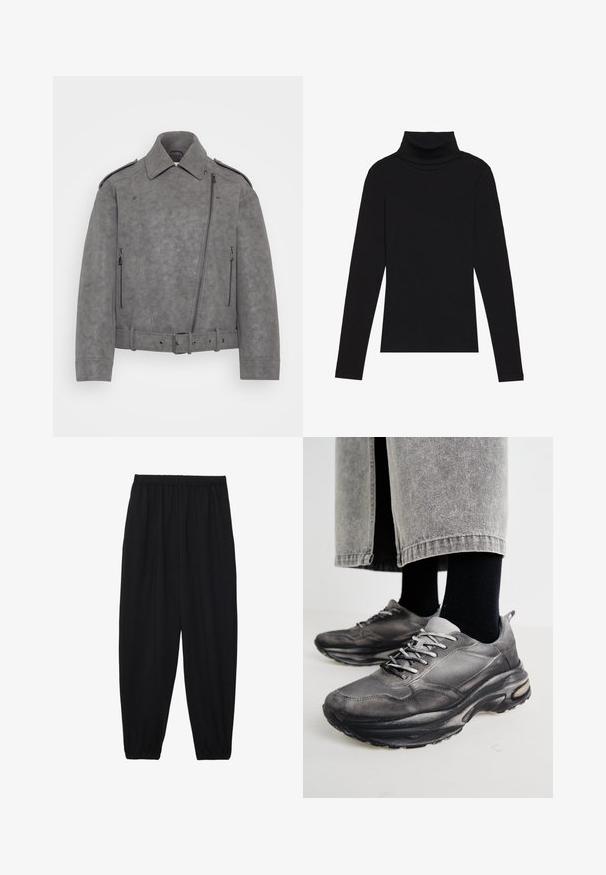 Grå faux suede jakke med struktureret krave, asymmetrisk lynlås, sidelommer med lynlås og bælte i taljen. Detaljer inkluderer skulderepauleter.; Sort højhalset bluse med lange ærmer, lavet af ribbet stof, har et tætsiddende design med en høj krave og uden mønstre eller detaljer.; Sort, lette bukser med elastisk talje og sammenfoldede ankler. Stoffet er glat og har et afslappet, indsnævret design.; Sorte og grå atletiske sko har en mesh-overdel, tykke såler og snørebånd. De har en afrundet tå og synligt dæmpningsdetalje.