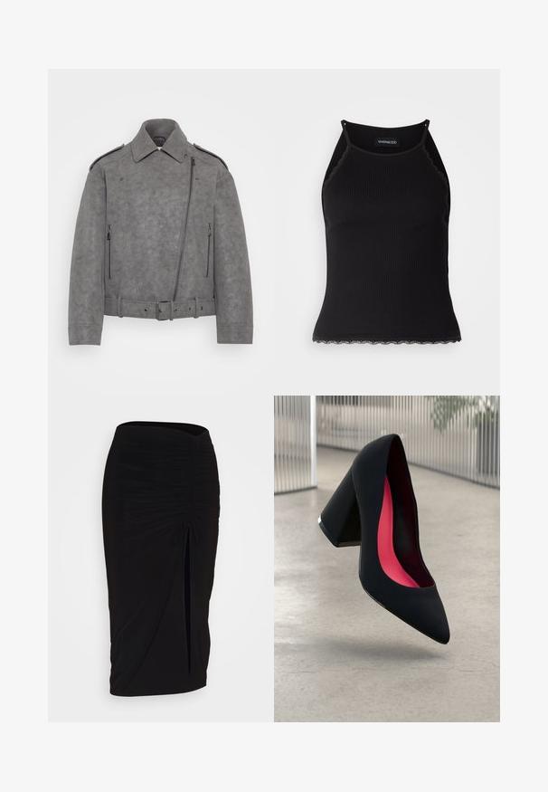 Grijze faux suède jas met een gestructureerde kraag, asymmetrische ritssluiting, zijrits zakken en een ceintuur in de taille. Accenten zijn onder andere schouderepauletten.; Zwarte geribbelde tanktop met een scallooped kanten rand aan de onderkant. Heeft dunne bandjes en een aansluitend ontwerp. Gemaakt van rekbare stof.; Zwarte, gerimpelde kokerrok met strikdetail en een zijsplit. Gemaakt van een rekbaar stof, met een soepele textuur en een aansluitend ontwerp.; Zwarte hoge hak met een spitse neus, textuur op het oppervlak en een opvallend roze interieur. Beschikt over een chunky hak met zilveren accent.