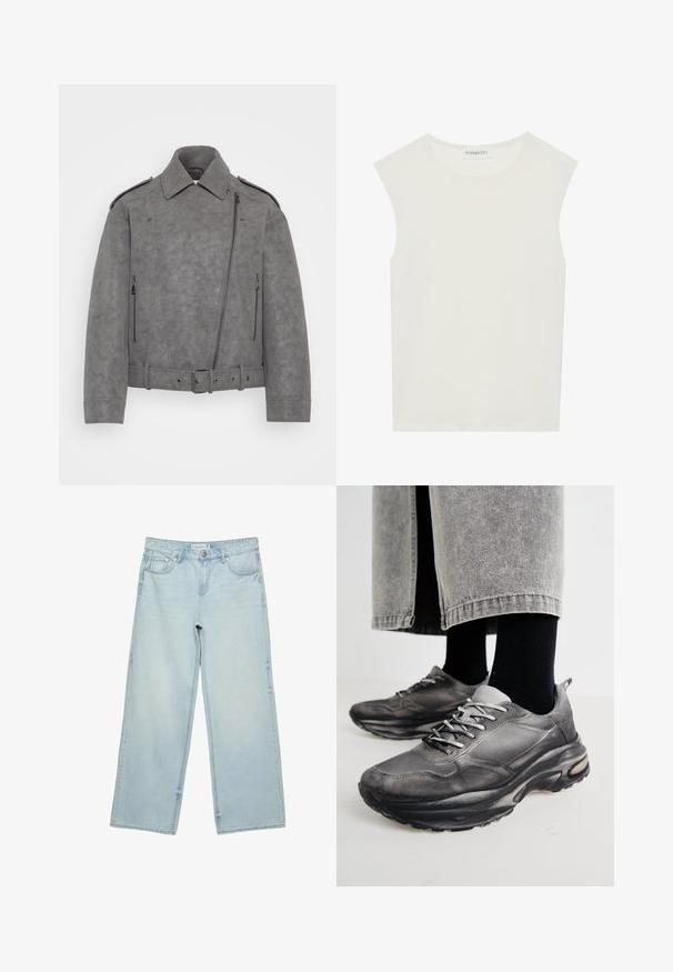 Grau Fake-Suede-Jacke mit strukturiertem Kragen, asymmetrischem Reißverschluss, seitlichen Reißverschlusstaschen und einem taillierten Gürtel. Akzente sind Schulterklappen.; Weißes ärmelloses Top mit rundem Ausschnitt. Hergestellt aus glattem Stoff, hat es einen lässigen Schnitt und minimalistisches Design. Keine Muster oder Akzente.; Helle blaue, weite Jeans aus Denim mit hoher Taille, fünf Taschen und subtilen Ausbleichungen. Gerader Schnitt mit gesäumten Kanten.; Schwarze und graue Sportschuhe verfügen über ein Obermaterial aus Mesh, dicke Sohlen und Schnürsenkel. Sie haben eine abgerundete Zehenpartie und sichtbare Dämpfungsdetails.