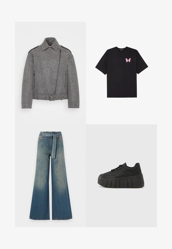 Grå faux suede jakke med struktureret krave, asymmetrisk lynlås, sidelommer med lynlås og bælte i taljen. Detaljer inkluderer skulderepauleter.; Sort bomulds T-shirt med korte ærmer, prydet med en lille pink sommerfugl grafik på venstre bryst. Rund hals design med en afslappet pasform.; Bredbens-denimbukser med en lys til mørk blå gradient, høj talje, bælteløkker og et matchende stofbælte. Tekstureret denimfinish.; Sorte platform-sneakers med glat syntetisk overdel, rundet tå, snørelukning og en tyk, rilleret sål for ekstra højde.