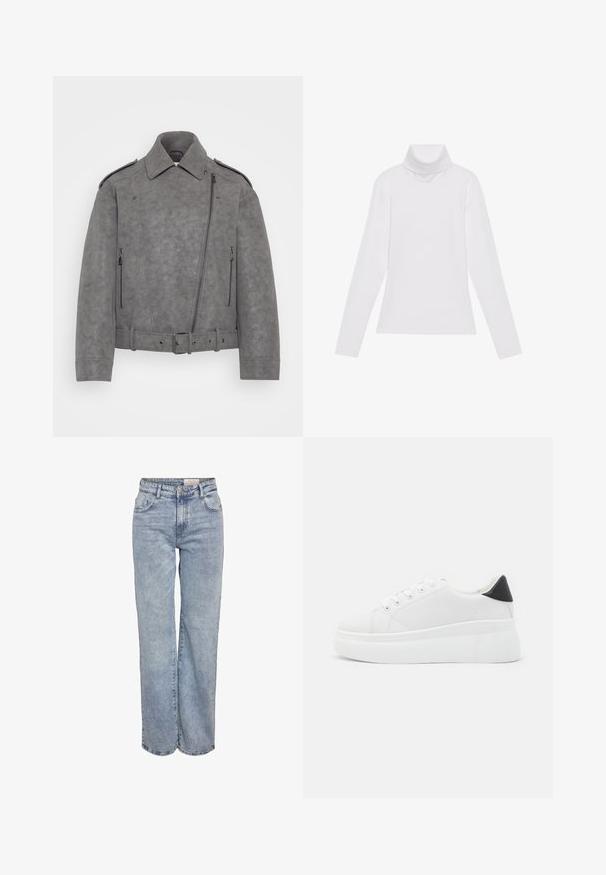 Grijze faux suède jas met een gestructureerde kraag, asymmetrische ritssluiting, zijrits zakken en een ceintuur in de taille. Accenten zijn onder andere schouderepauletten.; Witte lange mouw turtleneck top gemaakt van glad, elastisch materiaal. Voorzien van een hoge kraag en een getailleerd ontwerp, zonder zichtbare patronen of versieringen.; Lichtblauwe wijde jeans gemaakt van denim, met een hoge taille, vijf zakken en subtiele vervaging voor een versleten uitstraling.; Witte platform sneakers van glad synthetisch materiaal, met een afgeronde neus, vetersluiting en een gestructureerde rubberen zool. Zwarte hielaccent.