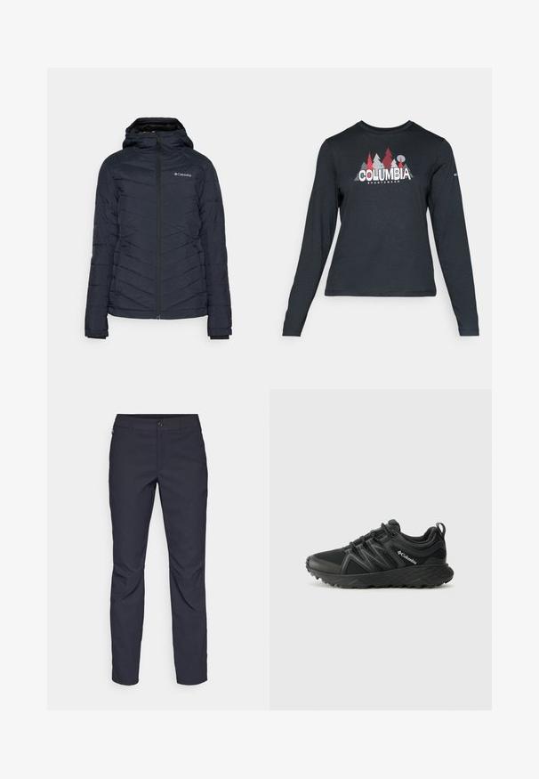 Mornarsko prešito puhovko s kapuco, ki ima popoln sprednji zadrgo in subtilno podrobnost logotipa na zgornji levi strani.; Majica z dolgimi rokavi temno siva z grafiko rdečih dreves in gora; logotip "COLUMBIA" v krepki beli barvi. Mehka tkanina, standarden krojen ovratnik.; Mornarji modri hlače iz gladkega blaga, z zapiranjem na gumb spredaj, tesno prilegnjenim krojem in gubami na kolenih.; Columbia PEAKFREAK - Pohodniški čevlji - black