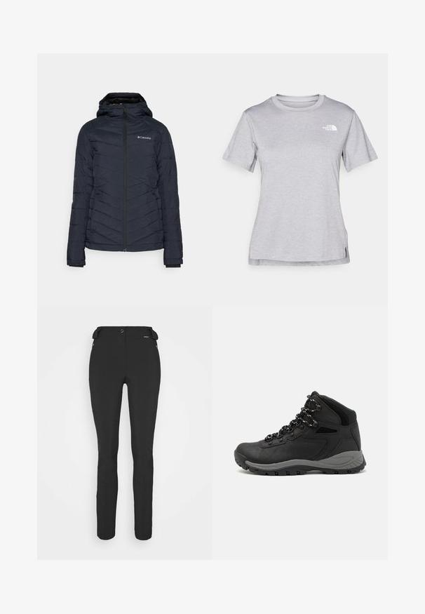 Marinblå quiltad pufferjacka med huva, med en hel dragkedja fram och en diskret logodetalj på övre vänstra sidan.; Grå kortärmad t-shirt i mjukt, fuktavledande tyg. Har en rund halsringning och en liten vit logotyp på övre vänstra sidan.; Svarta, åtsittande byxor tillverkade av ett flexibelt material. Funktioner inkluderar en ficka med dragkedja på sidan, artikulerade knän och en jämn yta.; Svart vandringskänga med mellanhög design, som har en texturerad överdel, grå accenter och en slitstark gummisula med greppklackar.
