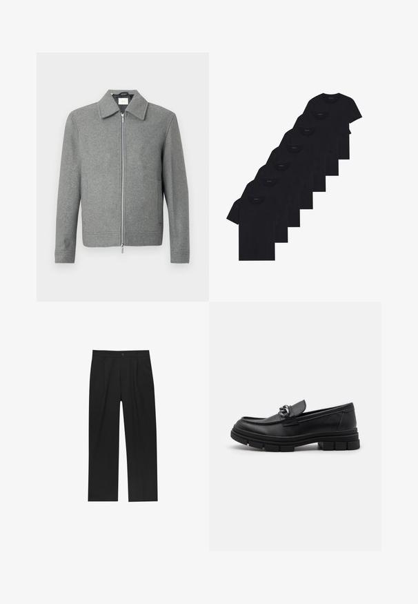 Grå långärmad ulljacka med silverfärgad dragkedja framtill och klassisk krage, uppställd mot en vit bakgrund.; Set med åtta svarta bomullströjor med korta ärmar och rundad halsringning, med en enkel design och mjuk textur.; Svarta byxor med rak ben-design, tillverkade av ett jämnt tyg. Har framfickor och en enkel knapplåsning i midjan.; Svart läderloafersko med rund tå, en dekorativ rem och hårdvara, samt en chunky texturerad sula. Slät finish med subtila detaljer.