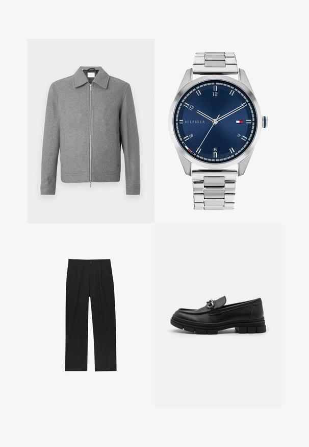 Siva vunena jakna dugih rukava s prednjim srebrnim patentnim zatvaračem i klasičnom kragnom, prikazana na bijeloj pozadini.; Set od osam crnih pamučnih majica s kratkim rukavima i okruglim izrezom, s jednostavnim dizajnom i mekanom teksturom.; Crne hlače ravnog kroja, izrađene od glatkog materijala. Imaju prednje nabore i jedan dugme na struku.; Crne kožne mokasine s zaobljenim vrhom, dekorativnom trakom i hardverom, te masivnom teksturiranom potplatom. Glatka površina s suptilnim detaljima.; Srebrni metalni sat s četkanim plavim brojčanikom, bijelim oznakama sati i prikazom datuma. Ima povezan metalni remen i logo marke.