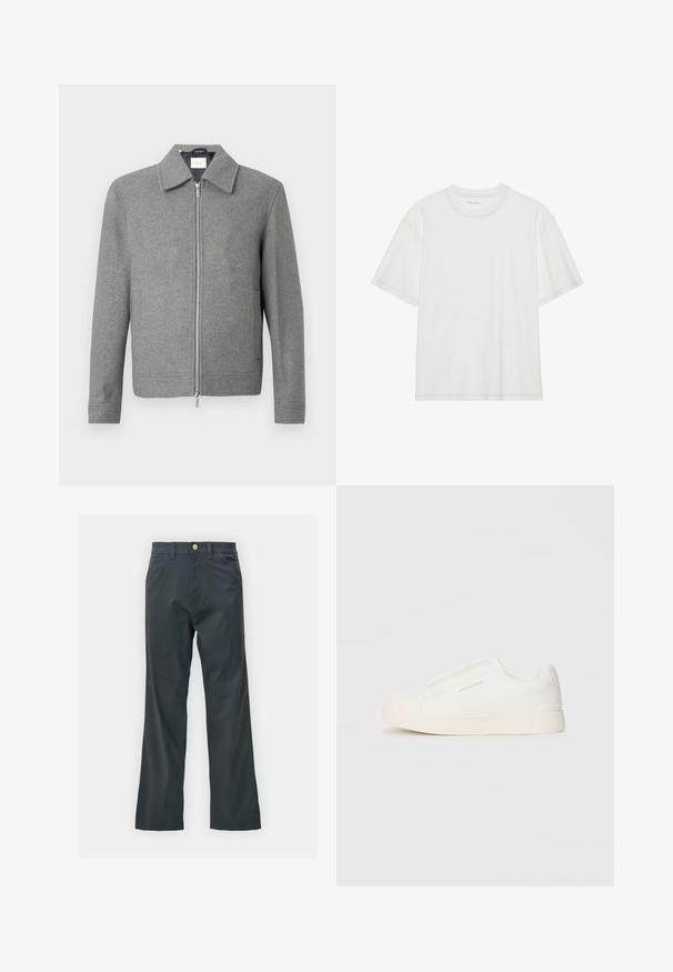 Gray long-sleeve wool jacket with front silver zipper and a classic collar, displayed on a white background.; White cotton t-shirt with short sleeves, round neck, and contrasting stitching detail around the neckline and sleeves.; Black pants with a straight leg cut, made from cotton blend fabric. Features a metal button closure and side pockets. No visible patterns.; White slip-on sneakers with a textured surface, a thick sole, and minimalistic design. Features brand logo on the side.