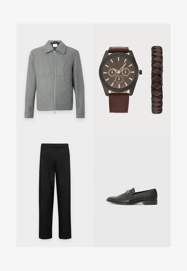 Casaco de lã cinza de manga longa com fecho de correr prateado à frente e um colarinho clássico, exibido em fundo branco.; T-shirt castanho de manga curta feita de tecido macio, com decote redondo e ajuste relaxado, com bainha reta. Sem padrões ou detalhes visíveis.; Calças pretas feitas de tecido suave, com um design de perna reta, dois pregas frontais e uma cintura padrão com passantes para cinto.; Sapatilha de couro preta com um acabamento suave, apresentando um design cosido e um detalhe decorativo de corrente de metal atravessando o peito do pé. Salto baixo.; Pier One SET - Relógio - black/brown; Pier One SET - Relógio - black/brown