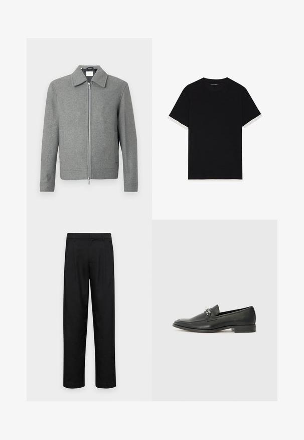 Hall grey pikka, millel on pikad varrukad, hõbedane esi tõmblukk ja klassikaline krae, esitatud valgel taustal.; Musta lühikeste varrukatega t-särk tekstuursete kangastega, millel on valged aktsendid käistelt. Ümar kaelus, mugav lõige.; Mustad mustadest riietest, millel on sirge jalgade disain, kaks eesmist voltimist ja tavaline vöökoht, millel on vöökohad.; Must haveate nahkking punased, millel on sile viimistlus, tikitud muster ja dekoratiivne metallkett vampi üle. Tasane konts.