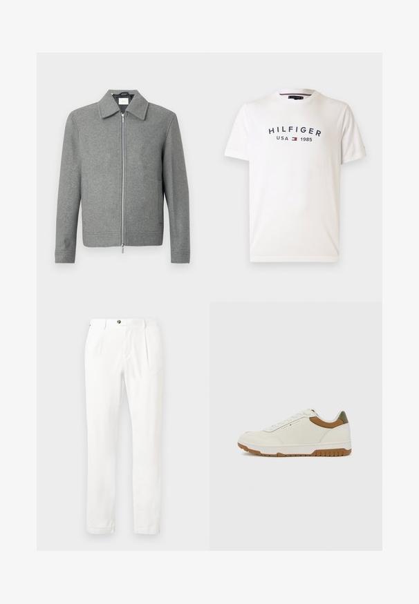 Grå, langermet ulljakke med sølvglidelås foran og klassisk krage, vist på hvit bakgrunn.; Hvit bomulls T-skjorte med rund hals, korte ermer, og et sentralt logo med teksten "HILFIGER USA 1985" i marineblått med et rødt og blått emblem.; Hvite bukser med flat front, to folder og knappelukking. Laget av lett stoff, har rette ben og oppbrettede mansjetter.; Tommy Hilfiger BASKET CORE - Joggesko - ecru/army green