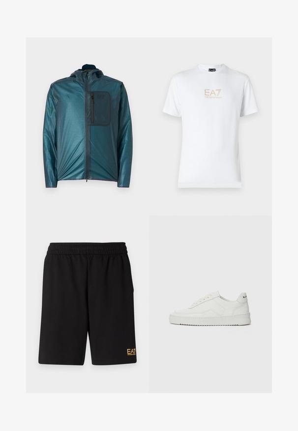 Ljusblå lättviktsjacka med huva, framzipper och bröstficka; slät textur och avslappnad design. Har EA7-logotyp på fickan.; Vit bomull t-shirt med rund halsringning och korta ärmar, med en guld EA7 Emporio Armani-logotyp tryckt på framsidan.; Svarta träningsshorts i mjukt tyg, med ett elastiskt midjeband och en liten gul EA7-logotyp på nedre vänstra benet.; Vita lädersneakers med en jämn yta, rund tå, platta snörningar och en strukturerad sula. Har en diskret logotyp på hälen.
