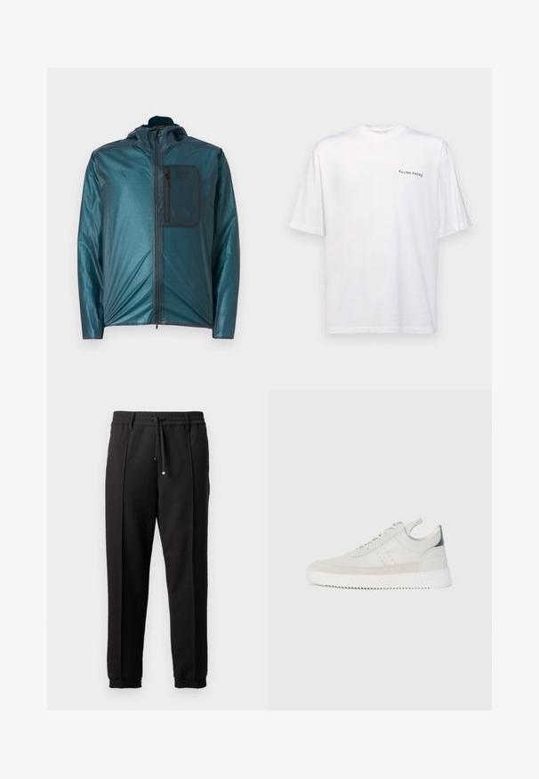 Teeled kerge jakk kapuutsiga, esine lukuga ja rinnataskuga; sile tekstuur ja juhuslik disain. Rinnataskul on EA7 logo.; Valge lühikeste varrukatega T-särk puuvillast, V-kaelusega, millel on must "FILLING PIECES" logo trükitud vasakule poole.; Mustad püksid, millel on vöökoht, nöörikinnitus ja elastsed varrukad. Omab volange ja sileda, tekstuuriga kangast.; Valged nahkstennised hallide seemisnahast detailidega, paeltega sulgemine, tõmmetab, ning reljeefne kummisoont, millel on siksakmuster.