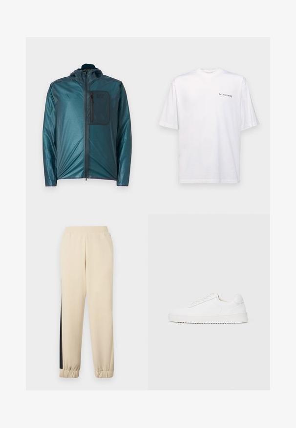 Teeled kerge jakk kapuutsiga, esine lukuga ja rinnataskuga; sile tekstuur ja juhuslik disain. Rinnataskul on EA7 logo.; Valge lühikeste varrukatega T-särk puuvillast, V-kaelusega, millel on must "FILLING PIECES" logo trükitud vasakule poole.; Kreemivärvi dressipüksid mustade külgriidega, elastne vöökoht ja soonikud pahkluude juures. Pehme kangas ja mugav lõige.; Valge jooksutoss, millel on siledast nahast ülemine osa, ümmargune nina, paelad, tekstuuriga küljeaktsendid ja paks kummitald. Minimalistlik disain.
