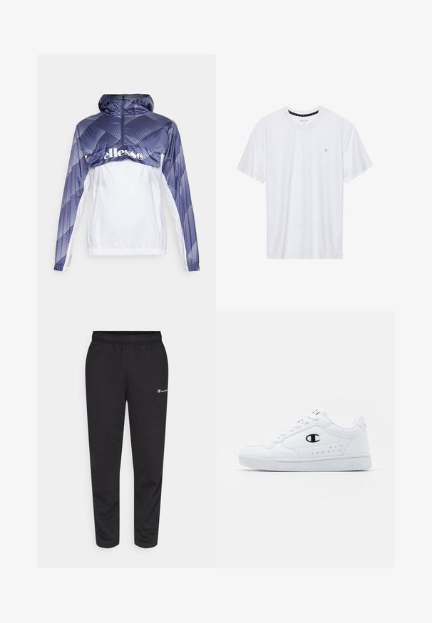 Veste coupe-vent bleue et blanche avec capuche, arborant des motifs géométriques et une fermeture éclair sur le devant. Comprend un ourlet et des poignets élastiques.; T-shirt blanc à col rond en coton, avec des manches courtes et un petit logo brodé sur la partie gauche de la poitrine. Texture douce.; Pantalon de survêtement noir en mélange de coton, avec une taille élastique et un petit logo blanc sur le côté gauche. Conception à jambes fuselées.; Baskets de sport blanches avec une tige synthétique lisse, accent logo noir et détails perforés sur le côté. Semelle en caoutchouc.