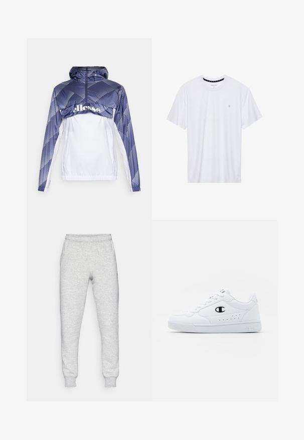 Sininen ja valkoinen tuulenpitävä takki, jossa on huppu, ja jossa on geometrisia kuvioita sekä etuvetoketju. Mukana elastinen helma ja hihansuut.; Valkoinen pyöreäkauluksinen t-paita, joka on valmistettu puuvillasta. Siinä on lyhyet hihat ja pieni logo brodeerattuna vasempaan rintakehään. Pehmeä pinta.; Harmaat collegehousut, jotka on valmistettu pehmeästä puuvillasekoitteesta, joissa on joustava vyötärö, kapeat lahkeet ja pieni logo vasemmassa taskualueessa.; Valkoiset urheilunikenrät, joissa on sileä synteettinen päällinen, musta logo-aksentti ja rei'itetty yksityiskohta sivuilla. Kumipohja.